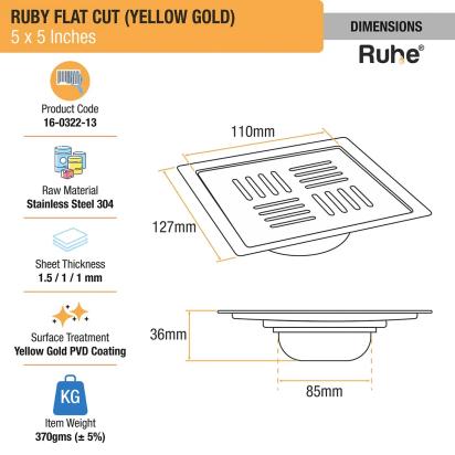 Ruhe Ruby Square Flat Cut Floor Drain in Yellow Gold PVD Coating - 5 x 5 Inches by Ruhe : Colours available: Gold 1 1
