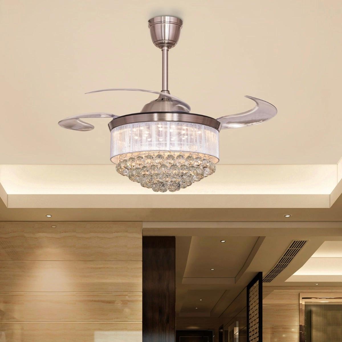 TheWhiteTeak Drop Dead Gorgeous (112 cm Span, Chrome Finish Metal Body With Silver Shade, Transparent ABS) Dimmable LED with Remote Control Crystal Chandelier Ceiling Fan
