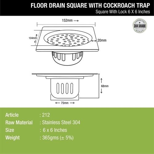 Lipka Square Floor Drain (6 x 6 Inches) with Lock and Cockroach Trap 1