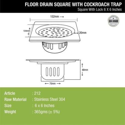 Lipka Square Floor Drain (6 x 6 Inches) with Lock and Cockroach Trap 1