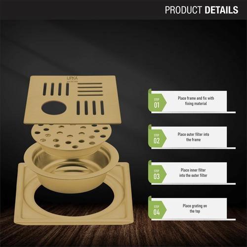 Lipka Pink Exclusive Square Floor Drain in Yellow Gold PVD Coating (5 x 5 Inches) with Hole & Cockroach Trap 2