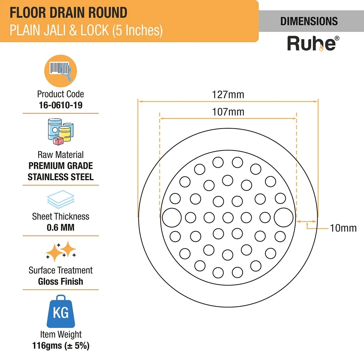 Ruhe Plain Jali Round Floor Drain with Lock 5 Inches - Pack of 2 by Ruhe : Colours available: Silver 1 1