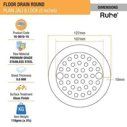 Ruhe Plain Jali Round Floor Drain with Lock 5 Inches - Pack of 2 by Ruhe : Colours available: Silver 1 1