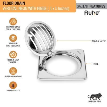 Ruhe Vertical Neon Square Floor Drain 5 x 5 Inches With Hinge by Ruhe : Colours available: Silver 2 2