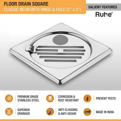 Ruhe Classic Neon Square Floor Drain 5 x 5 inches with Hole and Hinged Grating Top by Ruhe 3 2
