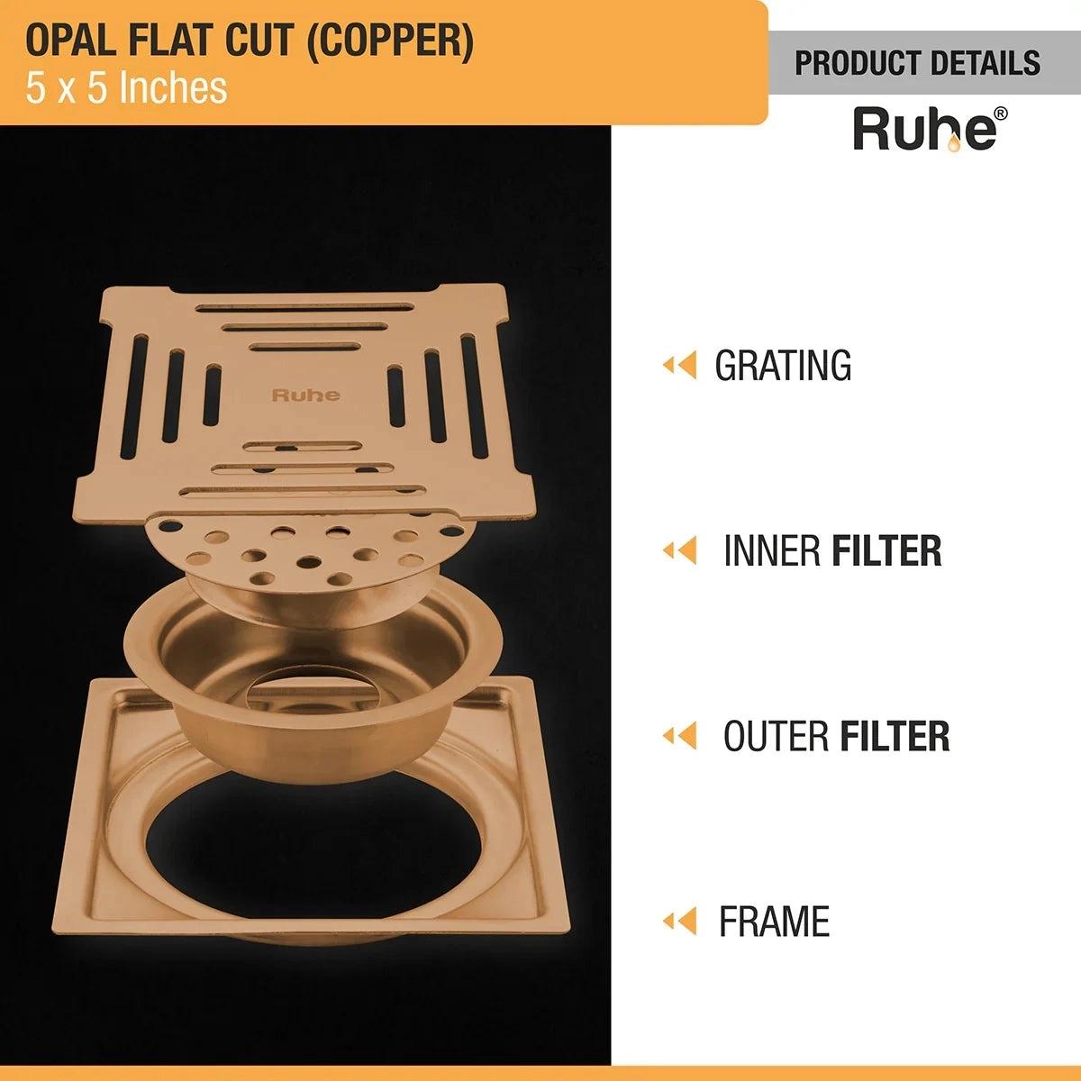 Ruhe Opal Square Flat Cut Floor Drain in Antique Copper PVD Coating 5 x 5 Inches 2