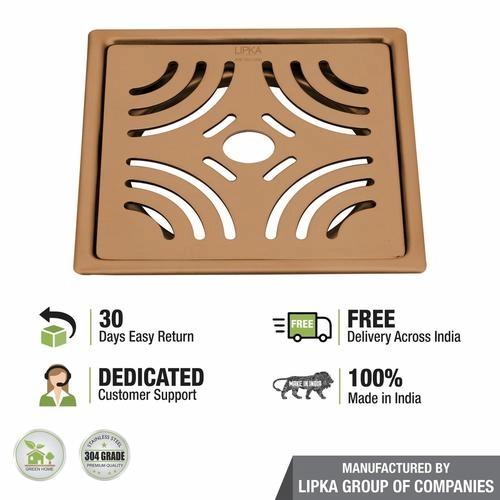 LipkaPurple Exclusive Square Flat Cut Floor Drain in Antique Copper PVD Coating (6 x 6 Inches) with Hole 3