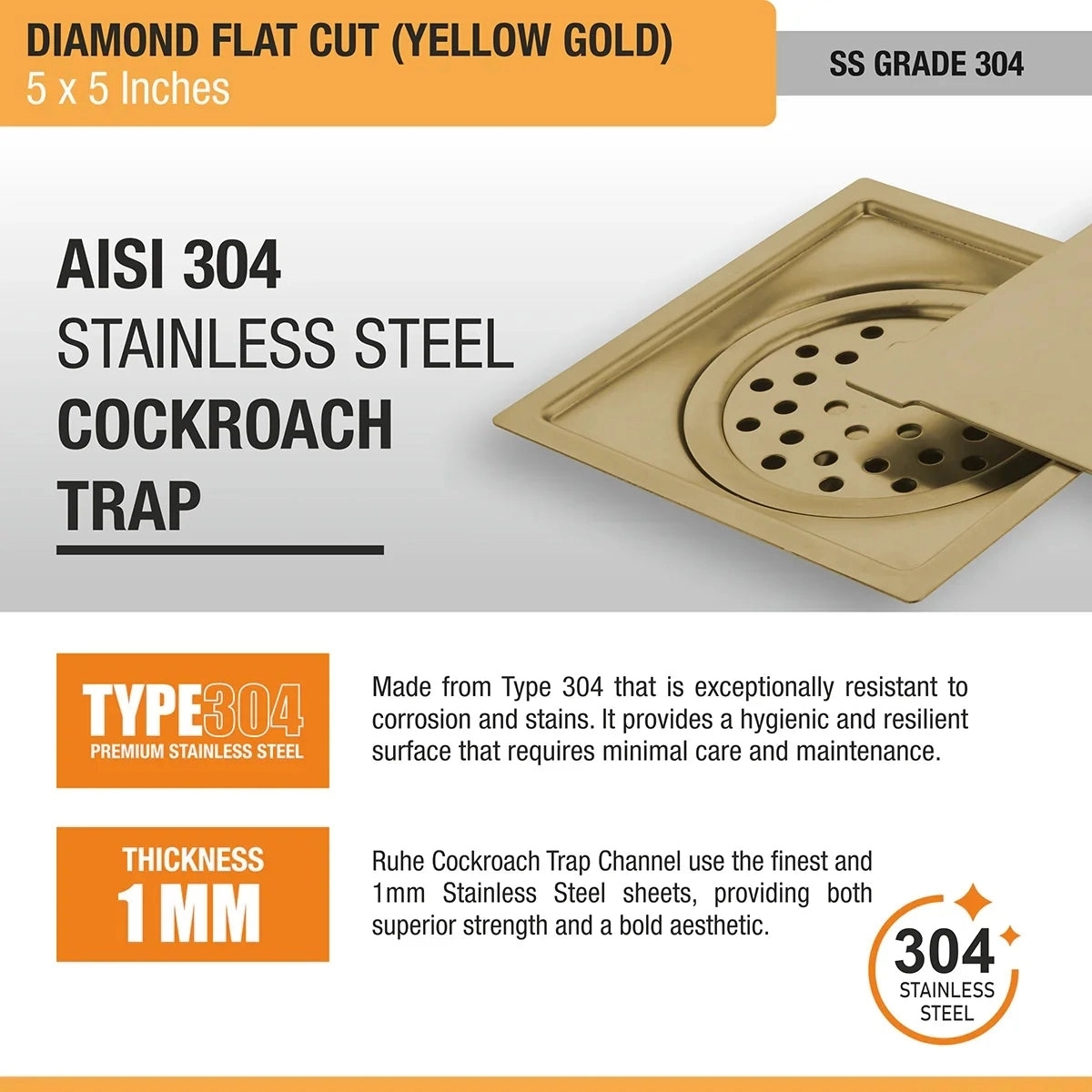 Ruhe Diamond Square Flat Cut Floor Drain in Yellow Gold PVD Coating 5 x 5 Inches by Ruhe : Colours available: Gold 4 4
