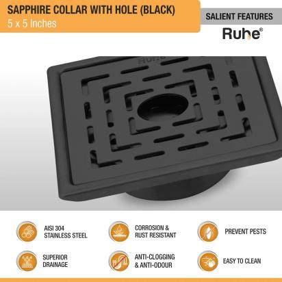 Ruhe Sapphire Square 304-Grade Floor Drain in Black PVD Coating - 5 x 5 inches by Ruhe : Colours available: Black 1 3