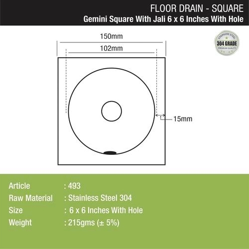 Lipka Gemini Square Floor Drain with Jali and Hole (6 x 6 Inches) with Hole 1