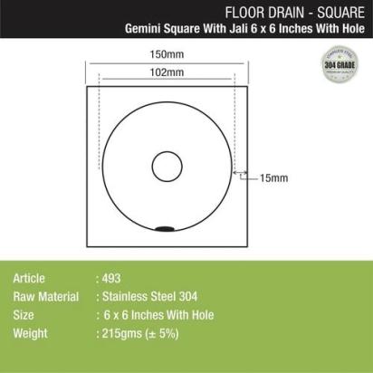 Lipka Gemini Square Floor Drain with Jali and Hole (6 x 6 Inches) with Hole 1