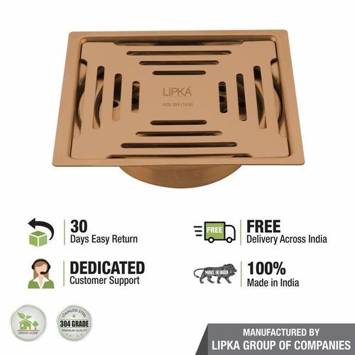Lipka Green Exclusive Square Flat Cut Floor Drain in Antique Copper PVD Coating (6 x 6 Inches) with Cockroach Trap 4