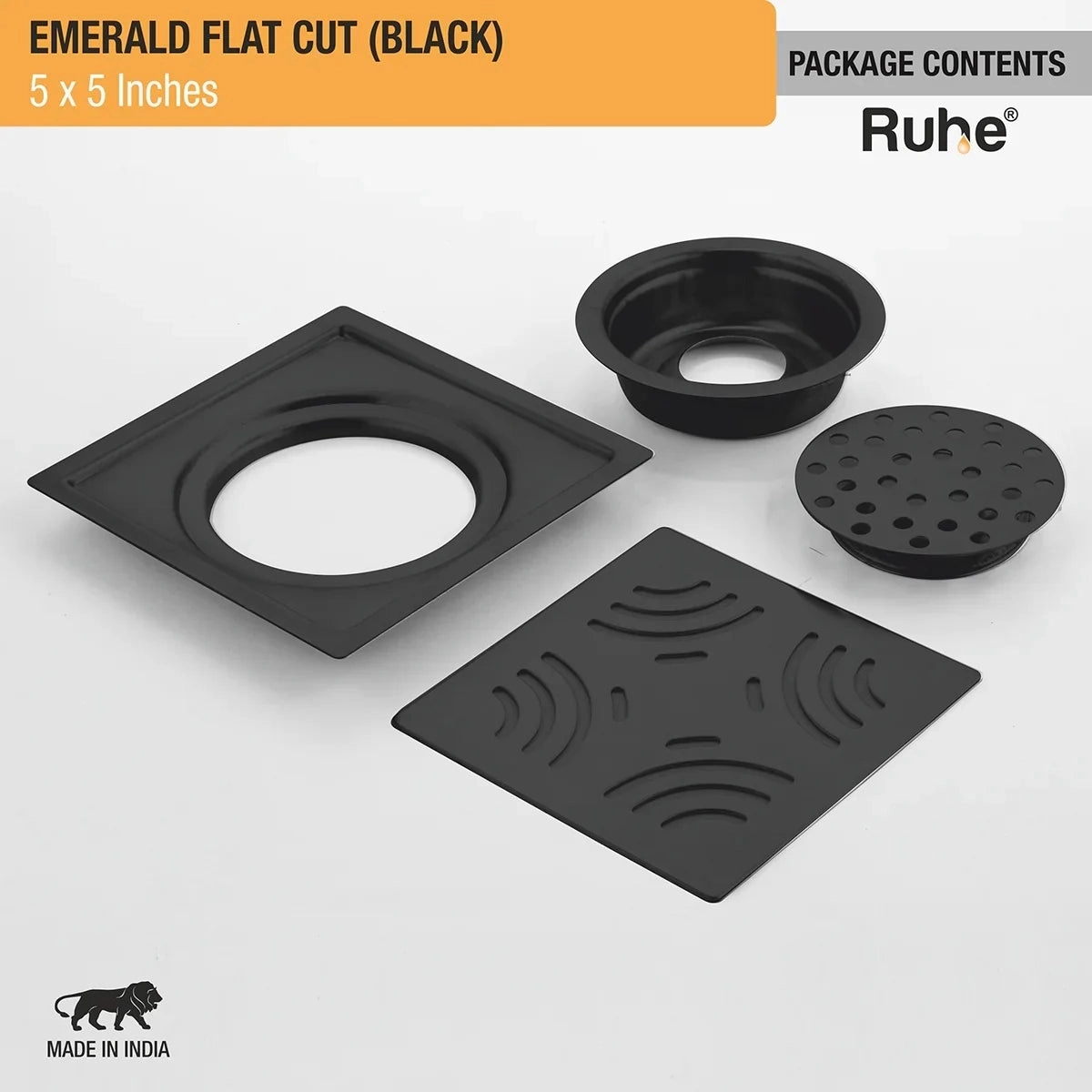 Ruhe Emerald Square Flat Cut Floor Drain in Black PVD Coating 5 x 5 Inches by Ruhe : Colours available: Black 5 6