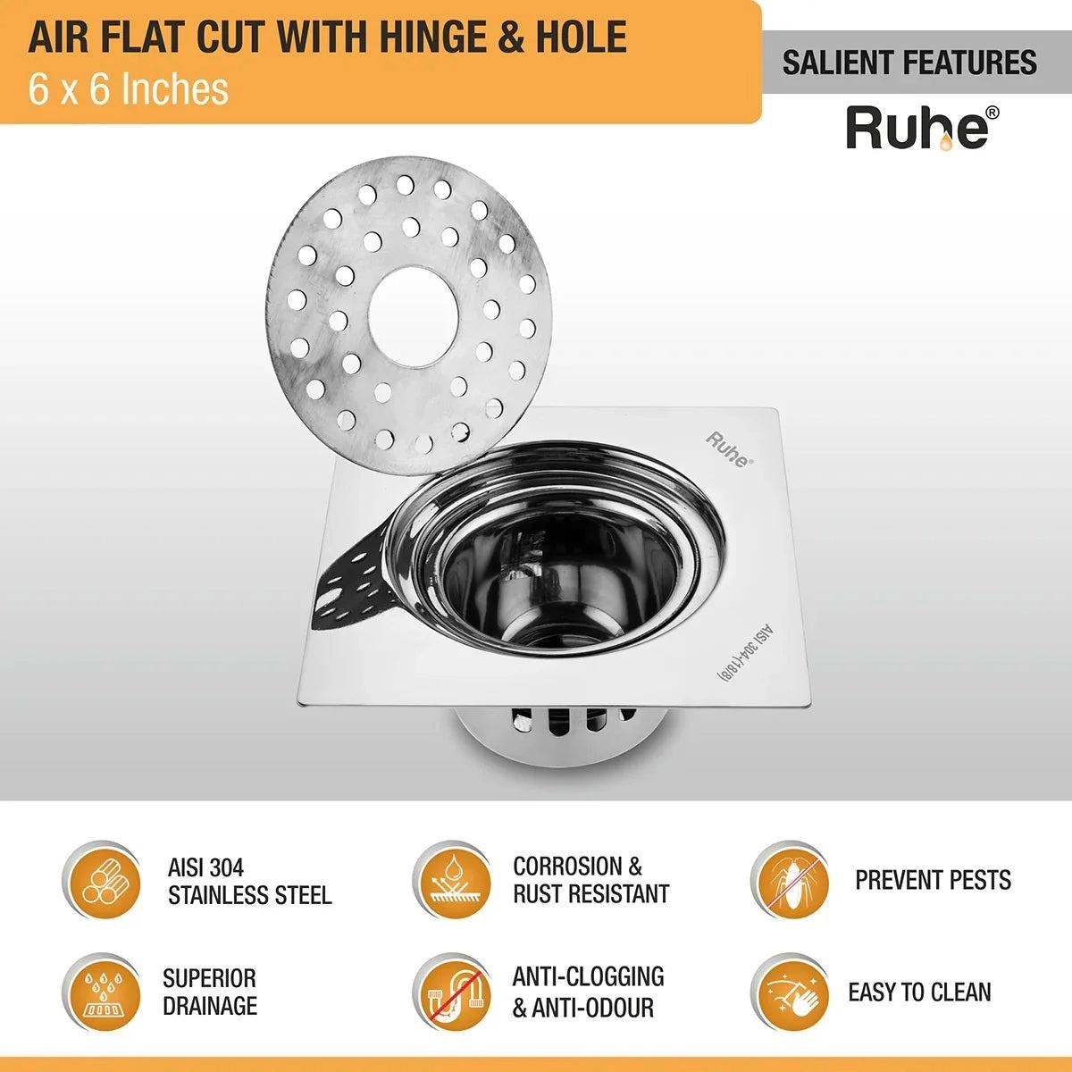 Ruhe Air Square Flat Cut 304-Grade Floor Drain with Hinge Hole and Cockroach Trap - 6 x 6 Inches 2