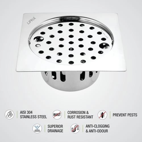 Lipka Square Flat Cut Floor Drain (5.5 x 5.5 Inches) with Lock and Cockroach Trap 2