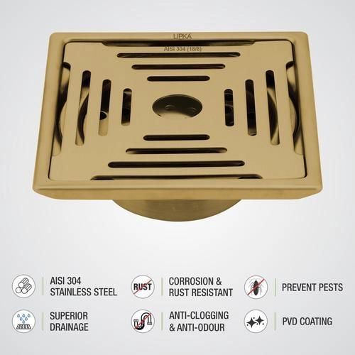 Lipka Green Exclusive Square Floor Drain in Yellow Gold PVD Coating (6 x 6 Inches) with Hole & Cockroach Trap 2