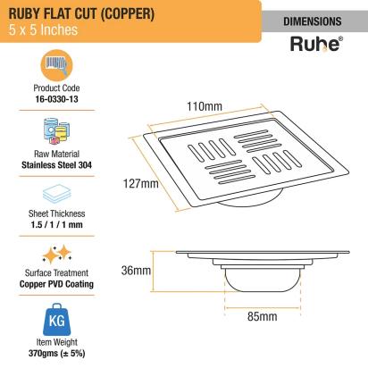 Ruby Square Flat Cut Floor Drain in Antique Copper PVD Coating 5 x 5 Inches by Ruhe : Colours available: Copper 2 1