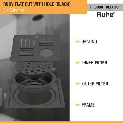 Ruhe Ruby Square Flat Cut Floor Drain in Black PVD Coating with Hole - 5 x 5 inches by Ruhe : Colours available: Black 3 2
