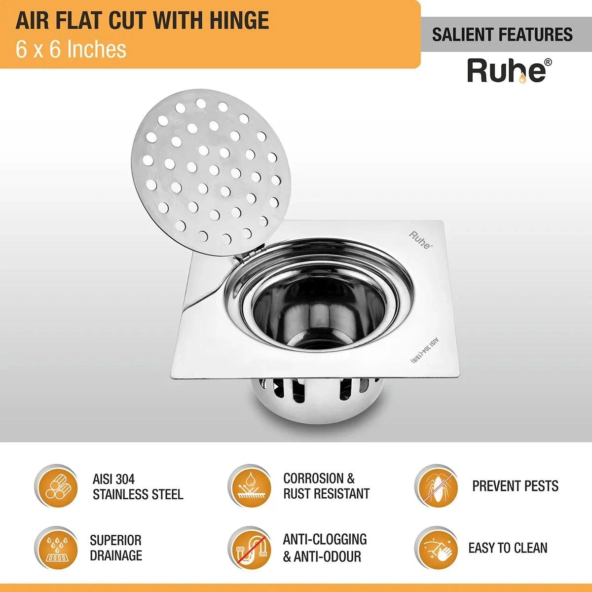 Ruhe Air Square Flat Cut 304 - Grade Floor Drain with Hinge And Cockroach Trap - 6 x 6 Inches 2