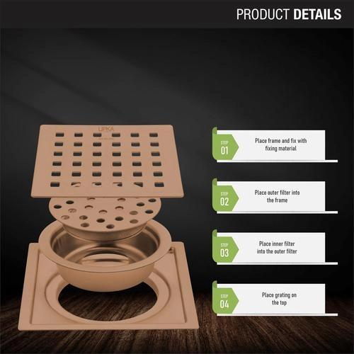 Lipka Red Exclusive Square Flat Cut Floor Drain in Antique Copper PVD Coating (5 x 5 Inches) with Cockroach Trap 2