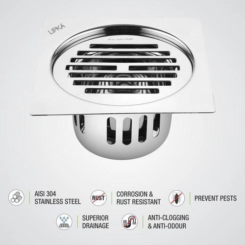 Lipka Golden Classic Jali Square Flat Cut Floor Drain (5 x 5 Inches) with Cockroach Trap 2