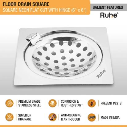 Ruhe Neon Square Flat Cut Floor Drain 6 x 6 inches With Hinged Grating Top by Ruhe : Colours available: Silver 3 2