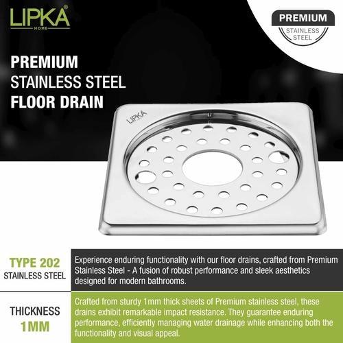 Lipka Eon Square Floor Drain with Plain Jali, Lock and Hole (5 x 5 Inches) 3