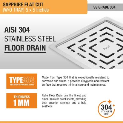 Ruhe Sapphire Square Flat Cut 304 Grade Floor Drain - (5 x 5 Inches) by Ruhe : Colours available: Silver 2 4