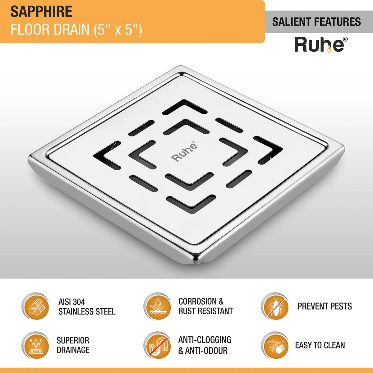 Ruhe Sapphire Square 304-Grade Floor Drain - 5 x 5 Inches by Ruhe : Colours available: Silver 6 2