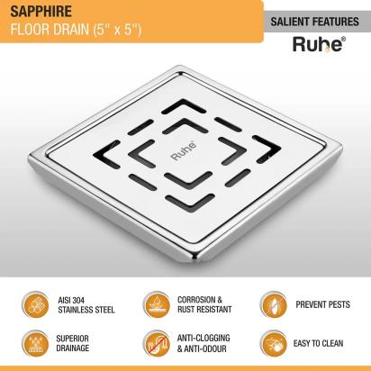 Ruhe Sapphire Square 304-Grade Floor Drain - 5 x 5 Inches by Ruhe : Colours available: Silver 6 2
