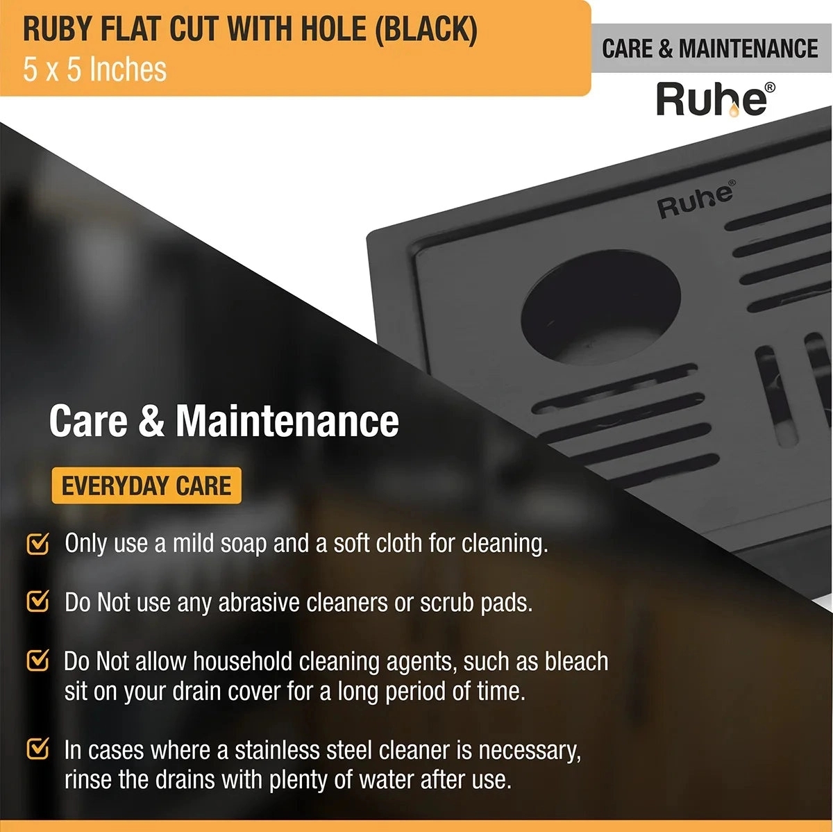 Ruhe Ruby Square Flat Cut Floor Drain in Black PVD Coating with Hole - 5 x 5 inches by Ruhe : Colours available: Black 6 5