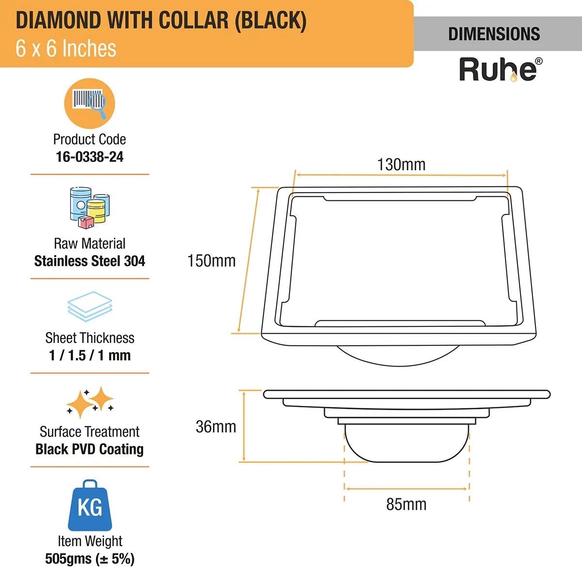 Ruhe Diamond Square 304-Grade Floor Drain in Black PVD Coating 6 x 6 Inches 1
