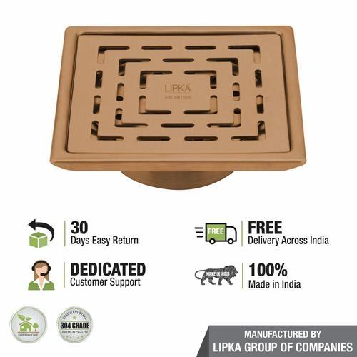 Lipka Orange Exclusive Square Floor Drain in Antique Copper PVD Coating (6 x 6 Inches) with Cockroach Trap 4