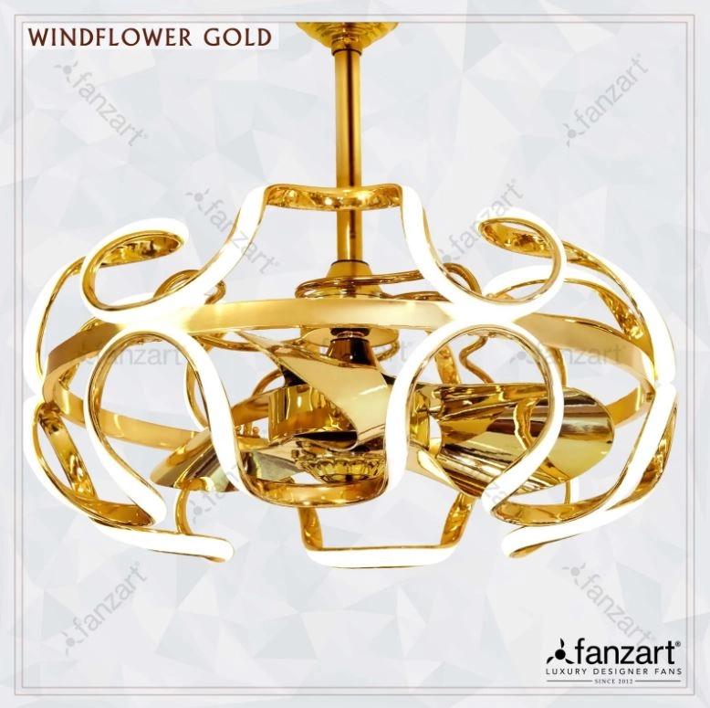 Fanzart Windflower Gold – 26” Fandelier with 3 x 22″ 5D vortex blades, BLDC motor, Summer-Winter feature, Multi-Coloured LED & Dimmer