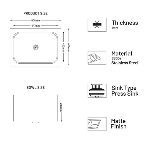 Glen Stainless Steel Grade 304 Sink for Kitchen, Single Bowl Press Sink 24x18x8 inches, Matte Finish (KS-SP24188SBM) 3