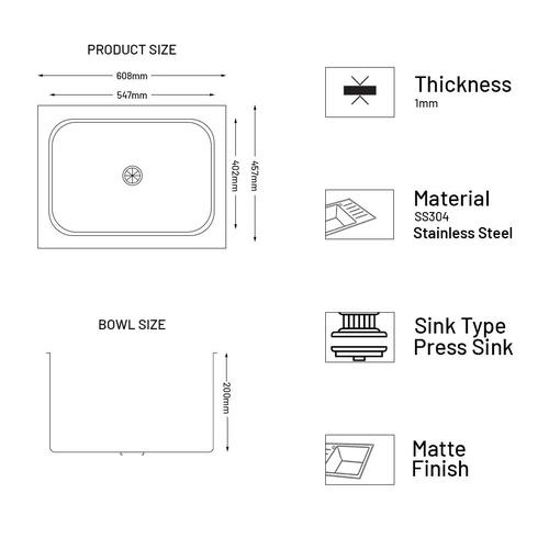 Glen Stainless Steel Grade 304 Sink for Kitchen, Single Bowl Press Sink 24x18x8 inches, Matte Finish (KS-SP24188SBM) 3