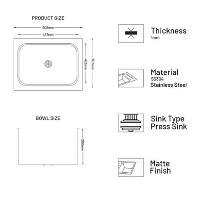 Glen Stainless Steel Grade 304 Sink for Kitchen, Single Bowl Press Sink 24x18x8 inches, Matte Finish (KS-SP24188SBM) 3