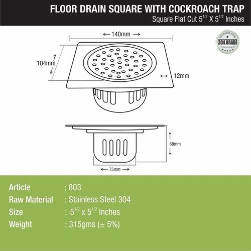 Lipka Square Flat Cut Floor Drain (5.5 x 5.5 Inches) with Cockroach Trap 1