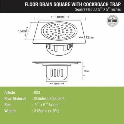 Lipka Square Flat Cut Floor Drain (5.5 x 5.5 Inches) with Cockroach Trap 1