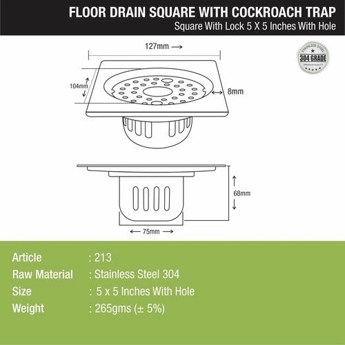 Lipka Square Floor Drain (5 x 5 Inches) with Lock, Hole and Cockroach Trap 1