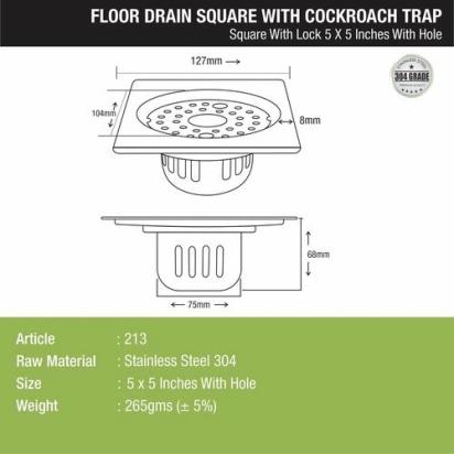 Lipka Square Floor Drain (5 x 5 Inches) with Lock, Hole and Cockroach Trap 1