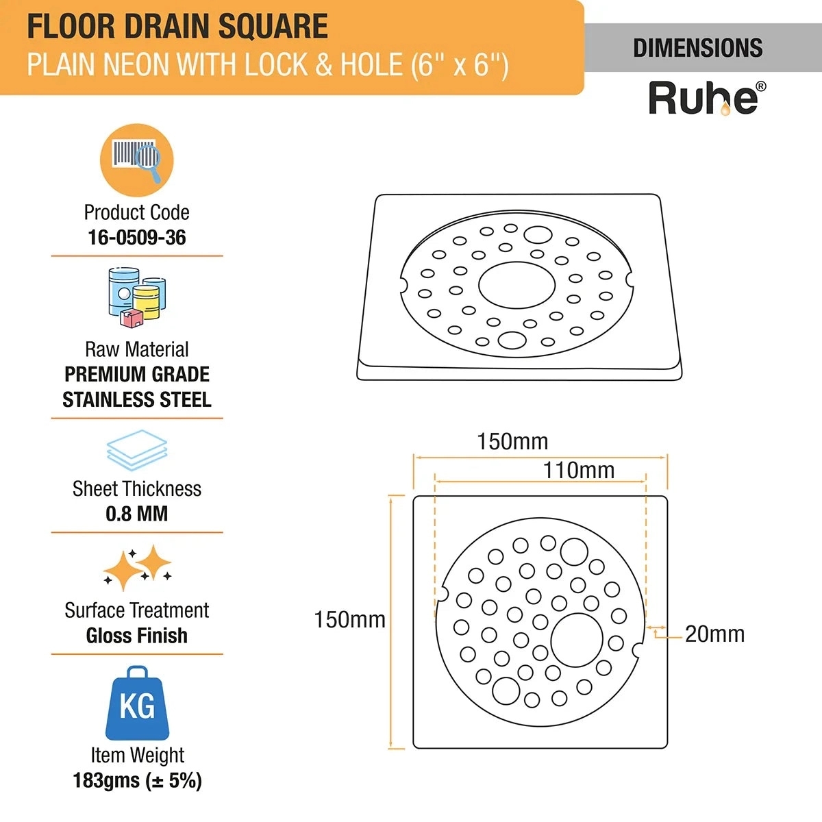 Ruhe Plain Neon With Collar Square Floor Drain 6 x 6 Inches With Lock And Hole by Ruhe : Colours available: Silver 2 1