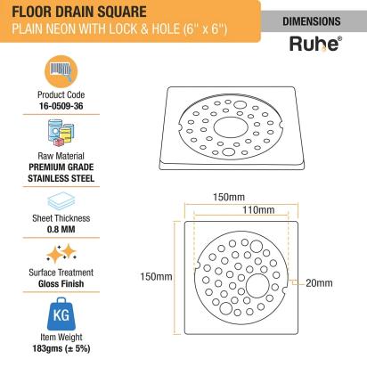 Ruhe Plain Neon With Collar Square Floor Drain 6 x 6 Inches With Lock And Hole by Ruhe : Colours available: Silver 2 1
