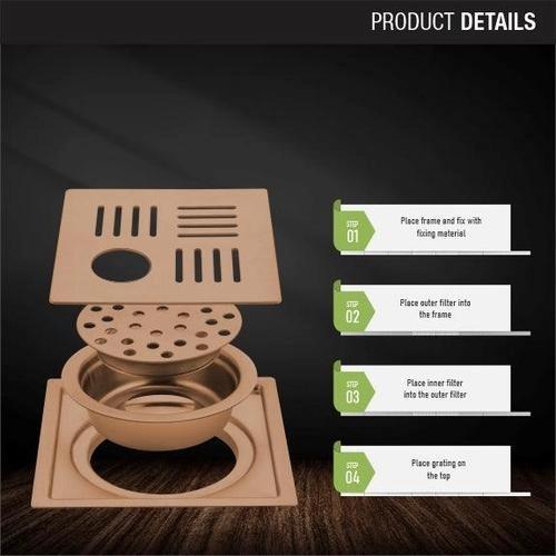 Lipka Pink Exclusive Square Flat Cut Floor Drain in Antique Copper PVD Coating (5 x 5 Inches) with Hole & Cockroach Trap 2