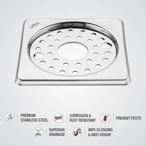 Lipka Eon Square Floor Drain with Plain Jali, Lock and Hole (5 x 5 Inches) 2
