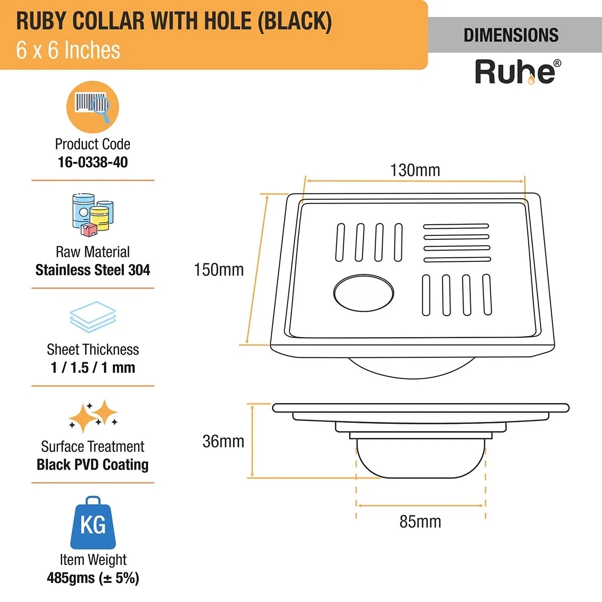 Ruby Square 304-Grade Floor Drain in Black PVD Coating 6 x 6 Inches with Hole by Ruhe : Colours available: Black 4 1