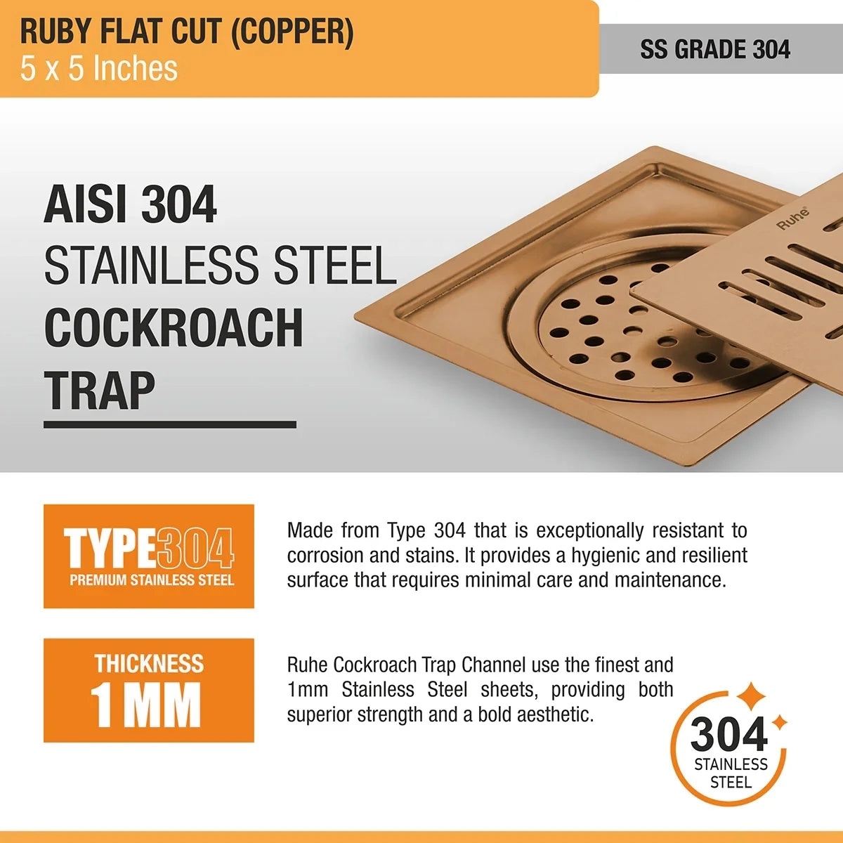 Ruby Square Flat Cut Floor Drain in Antique Copper PVD Coating 5 x 5 Inches by Ruhe : Colours available: Copper 4 4