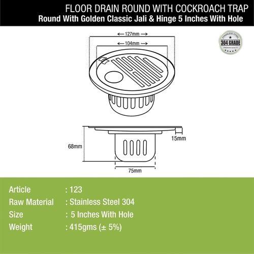 Lipka Golden Classic Jali Round Floor Drain (5 Inches) with Hinge, Hole and Cockroach Trap 1