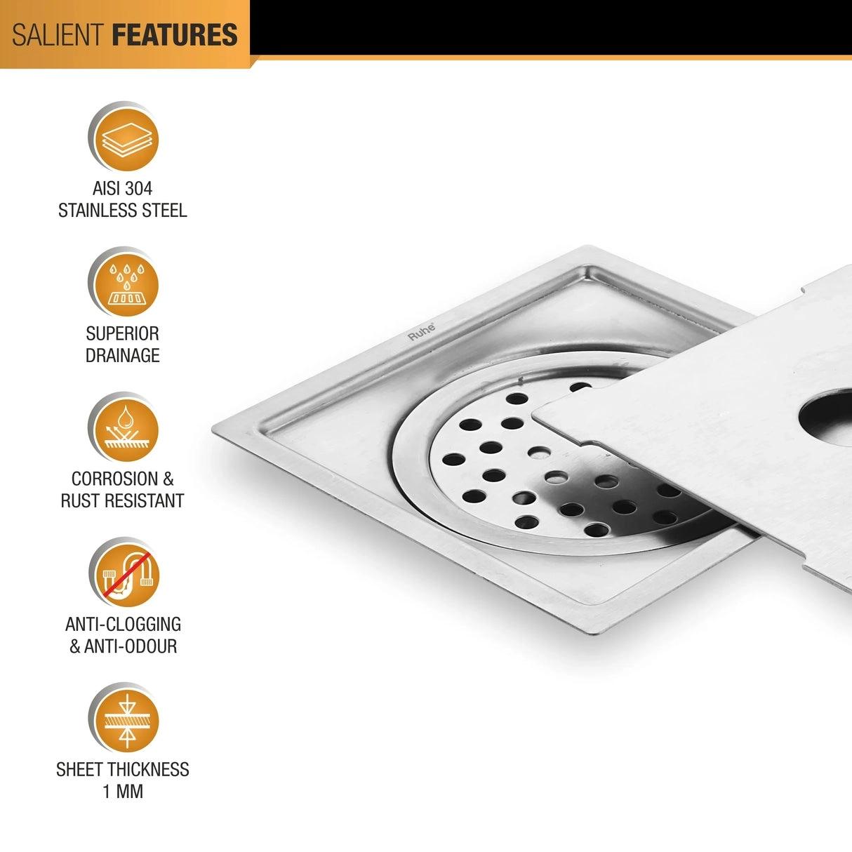 Ruhe Diamond Square Flat Cut 304 - Grade Floor Drain with Hole And Cockroach Trap - 6 x 6 Inches 2