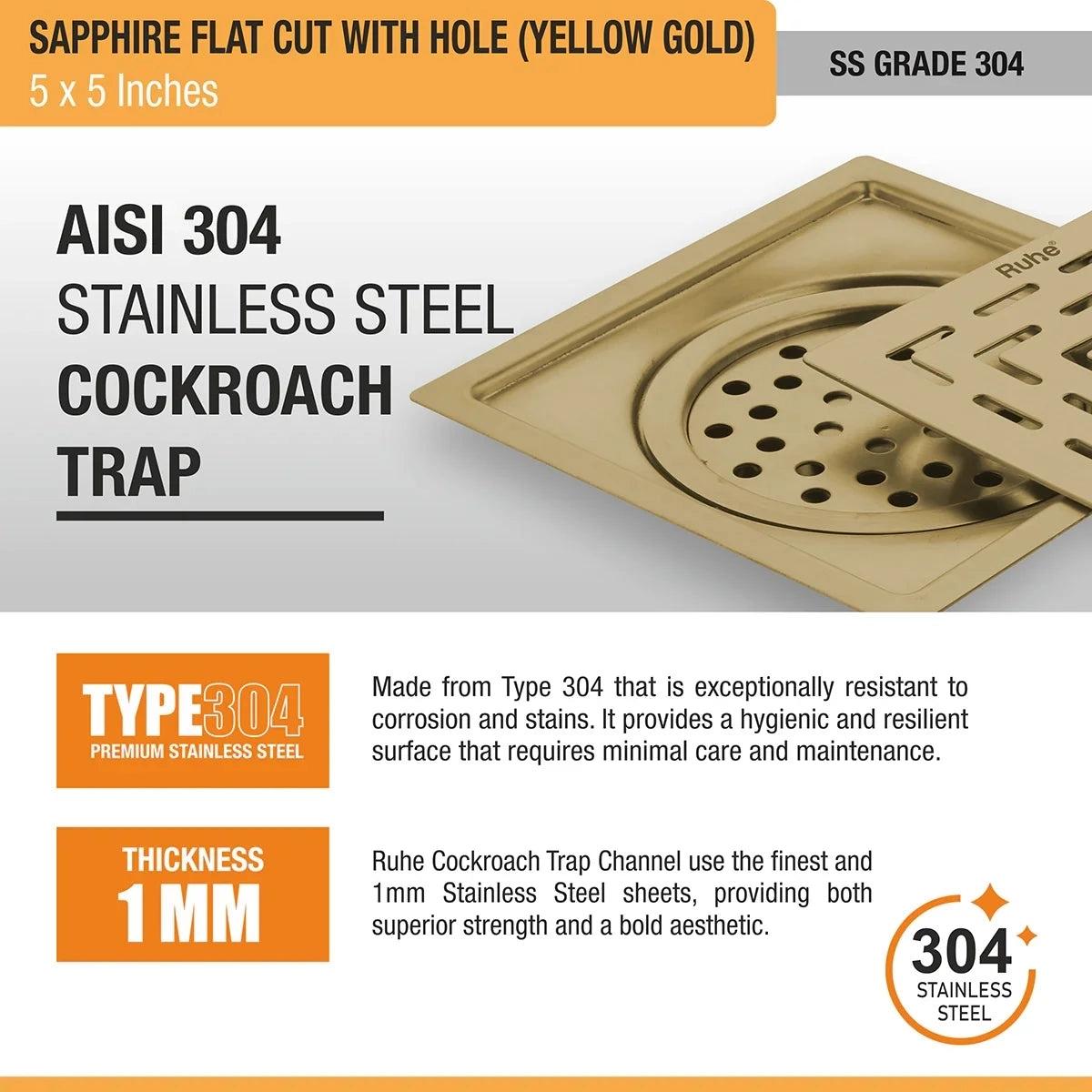Ruhe Sapphire Square Flat Cut Floor Drain In Yellow Gold PVD Coating - 5 x 5 Inches With Hole 4